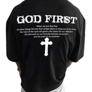 SXV STYLE Christian Religious T-Shirt, God First Cross Design, Black Cotton, Inspirational Quote Print