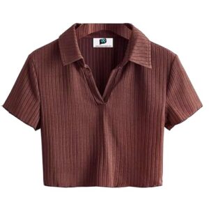 SXV Brown Ribbed Polo Collar Crop t-Shirt