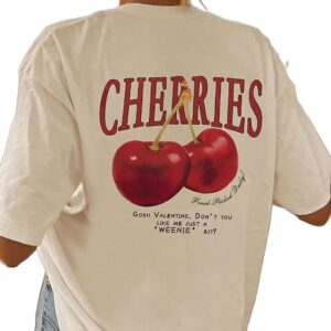SXV 'Cherries' Printed Cool Aesthetic Oversized Baggy Drop Shoulder Pure Cotton Half Sleeves T-Shirt for Women